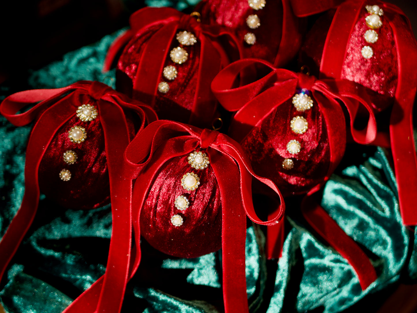 Velvet Christmas Balls with Pearl accent (Set of 6)